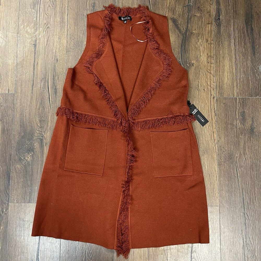 NEW Sisters Rust Fringe‎ Long Sweater Vest RTL $98 Size Large